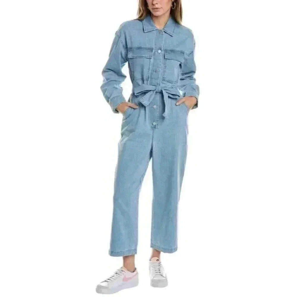 OAT New York Women's Long Sleeve Jumpsuit Denim Tie Waist Wide Leg Utility City